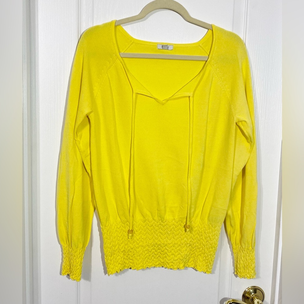 Y2K VTG Cache Smocked Tie Neck Fine Gauge Knit Sweater Yellow Size Medium